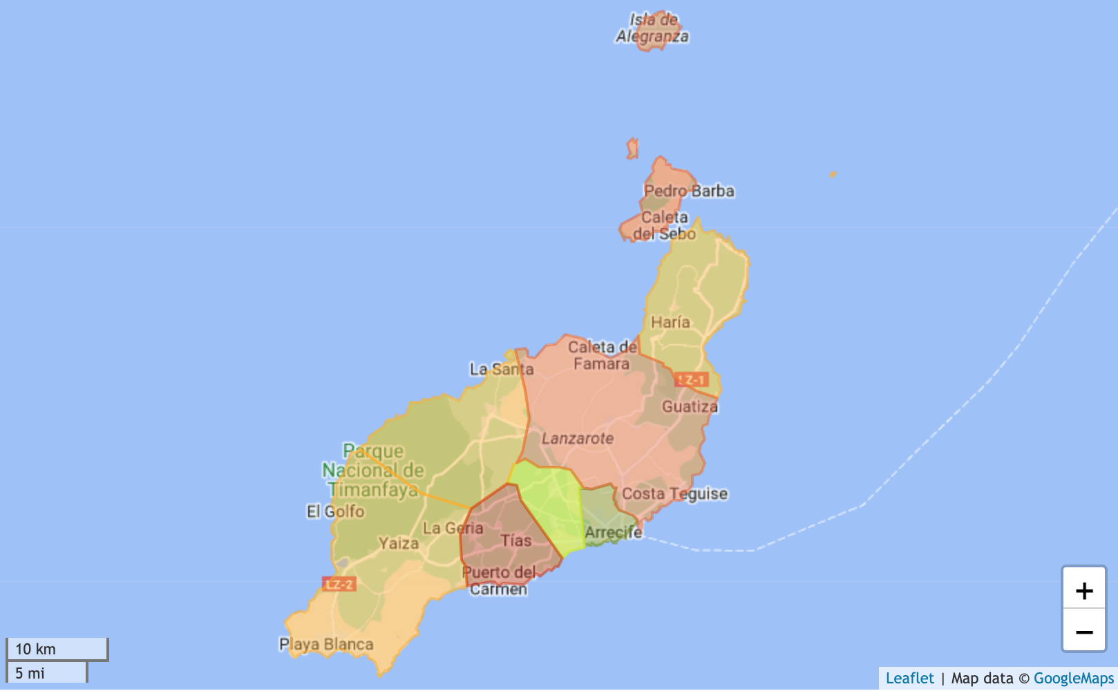 Mappa di Lanzarote con prezzi delle case codificati per colore